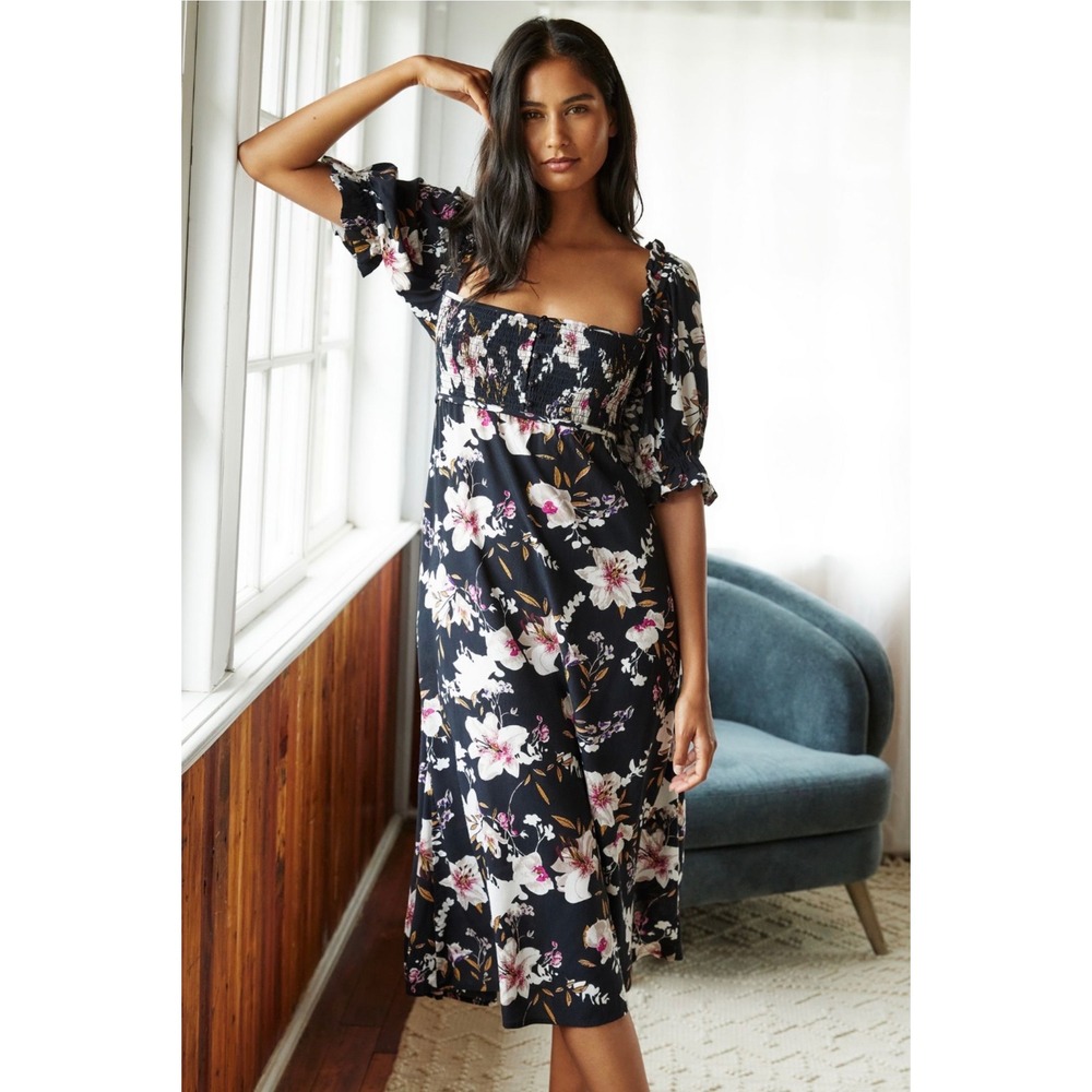 Anthropologie Black Floral Smocked Midi Dress